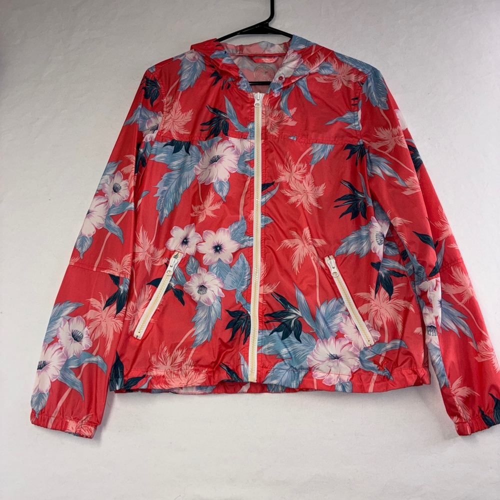 433 Tropical American Eagle Windbreaker Jacket S Pink Floral Hooded Full Zip